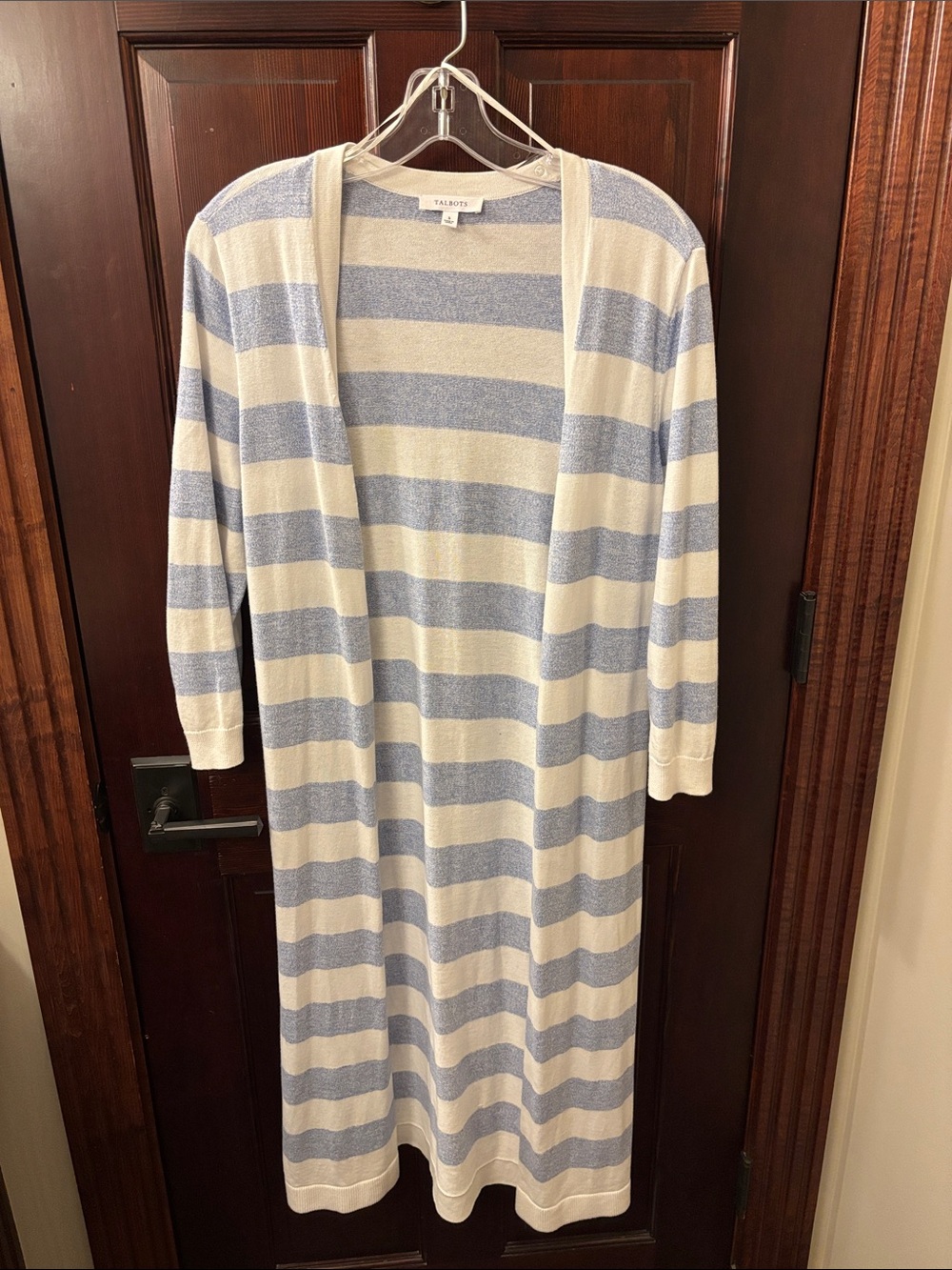 Talbots SZ Small -Cream and Light Blue Striped Long Open Cardigan